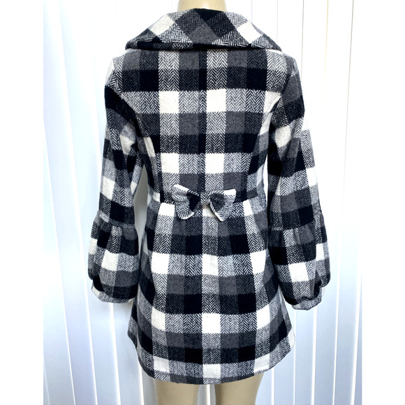 Agnes B Pea Coat Plaid Black White Jacket Puff Sleeve Snap Slip Pockets … - Picture 5 of 7